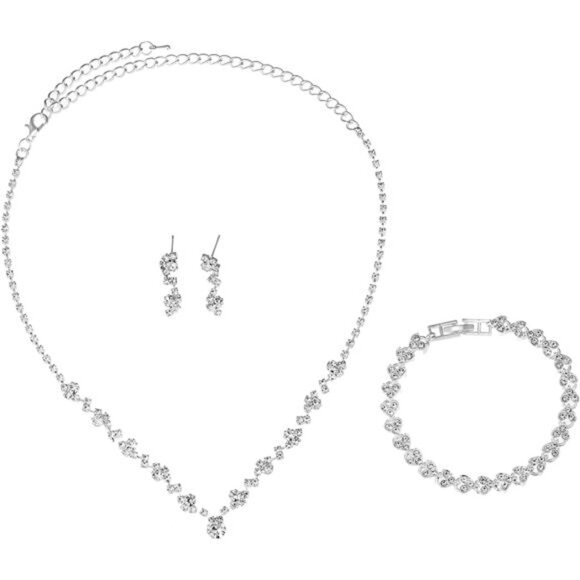 Bridal Jewelry Set, Silver Rhinestone Necklace Earrings Set Wedding Jewelry Set - Picture 1 of 6